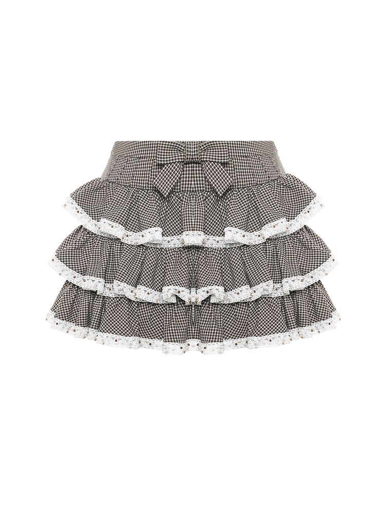 Plaid Lace Tiered Ruffled Mini Skirt