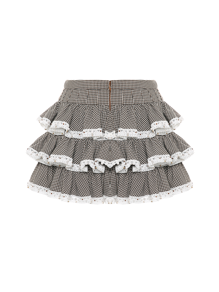 Plaid Lace Tiered Ruffled Mini Skirt