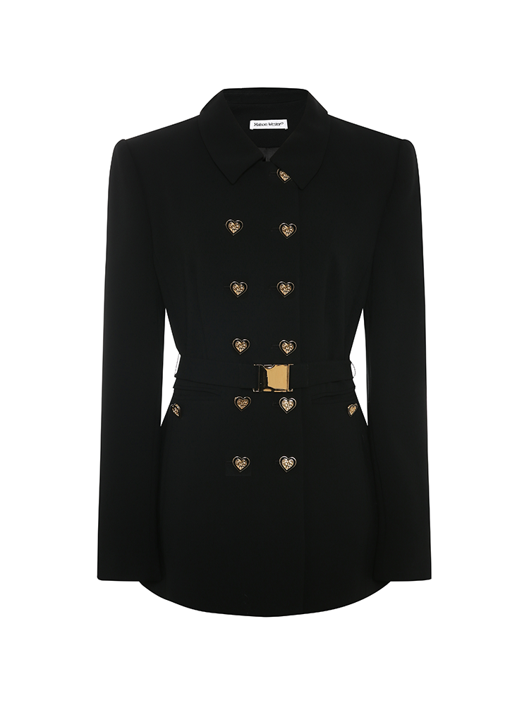 Black And Gold Heart Shaped Button Fitted Waist Blazer
