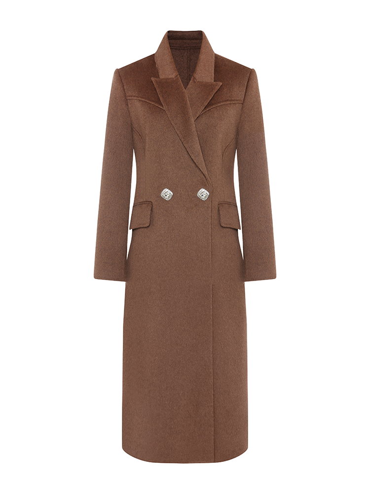 Notched Collar Double Breasted Long Wool Blend Coat