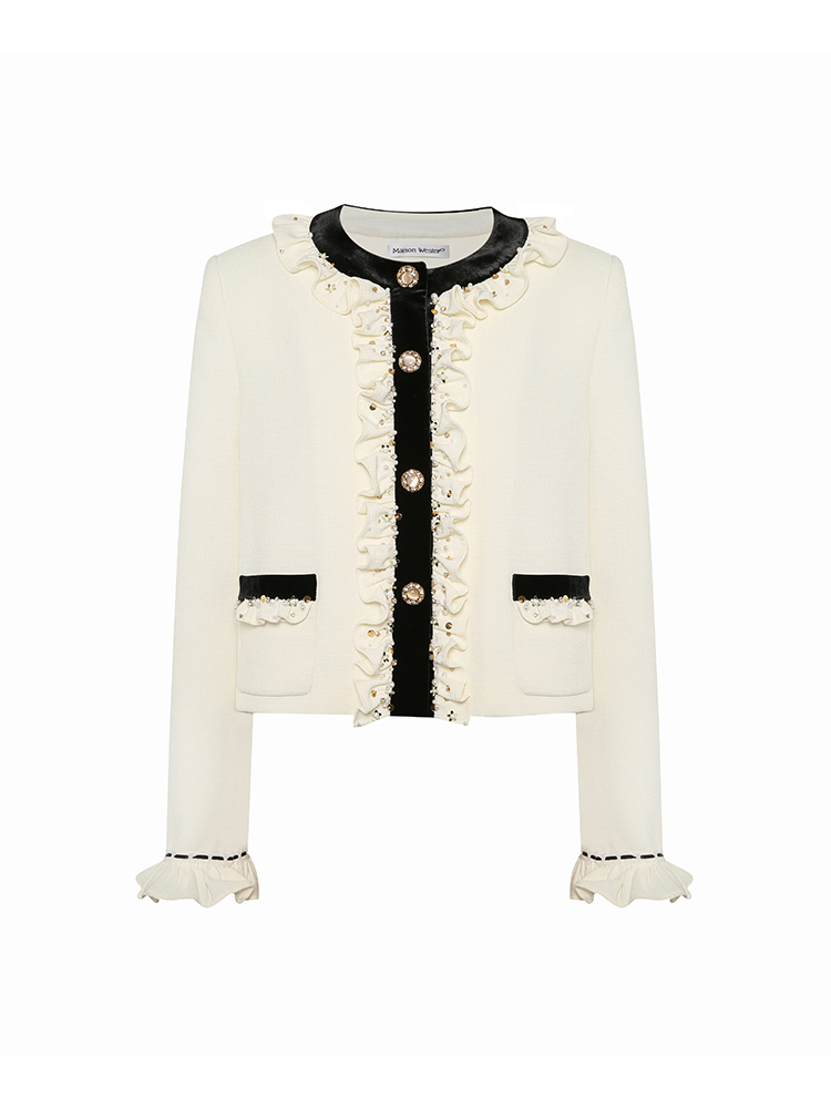 Boucle Short Coat with Lace Bow