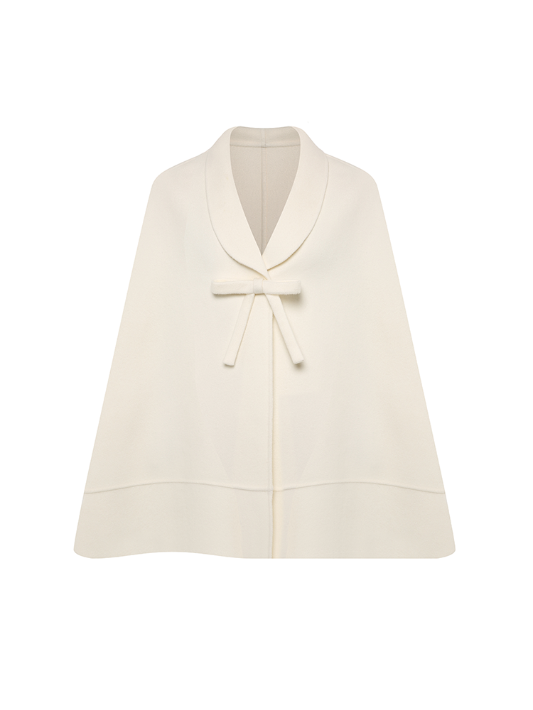 Bow Detailed White Wool Blend Cape Coat