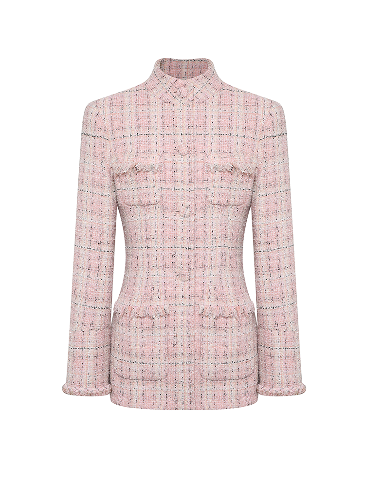 Stand Up Collar Pink Toned Tweed Jacket