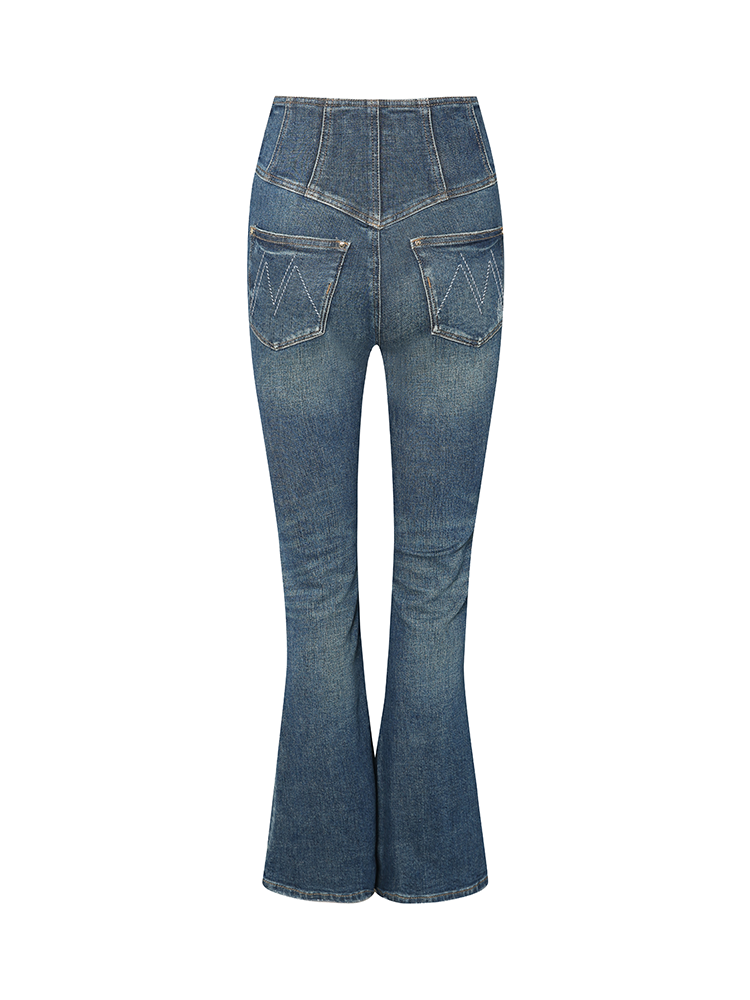 Blue High Waisted Flared Jeans with Heat Pressed Rhinestones