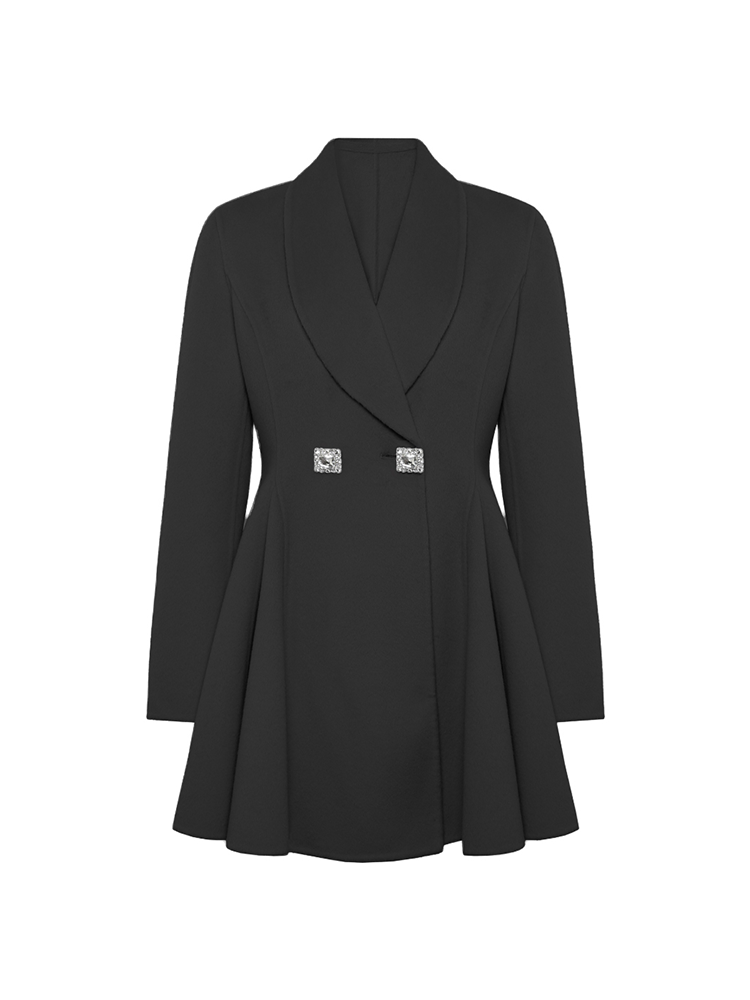 Wool Blend Coat with Blazer Collar and Flared Hem