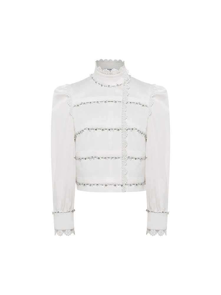 White Bubble Sleeve Rhinestone-Chain Shirt