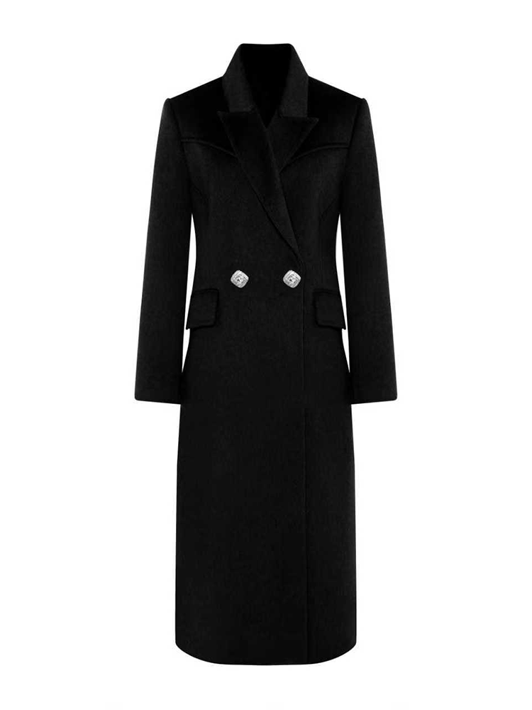 Notched Collar Double Breasted Long Wool Blend Coat