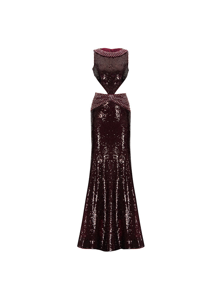 Burgundy Sequined French Embroidered Evening Gown