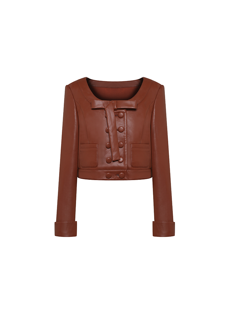 Caramel Brown PU Leather Round Collar Jacket