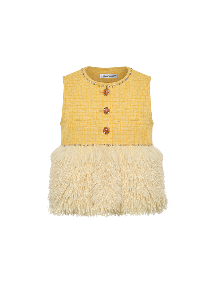 Yellow Tweed Sleeveless Tops