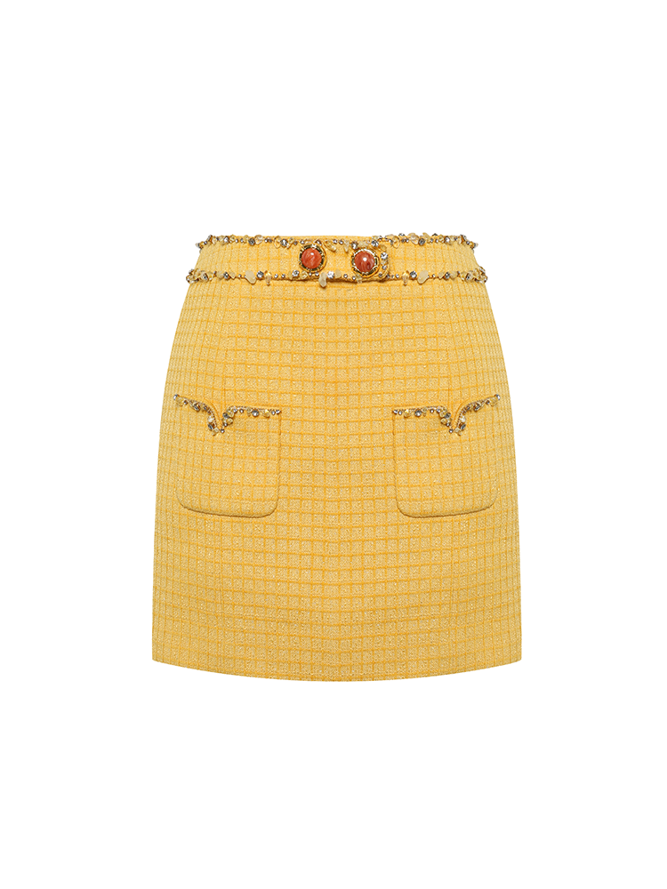 Textured Tweed Yellow Mini Skirt