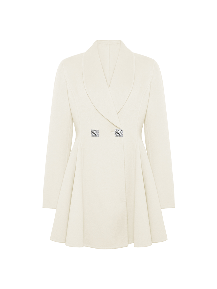 Wool Blend Coat with Blazer Collar and Flared Hem