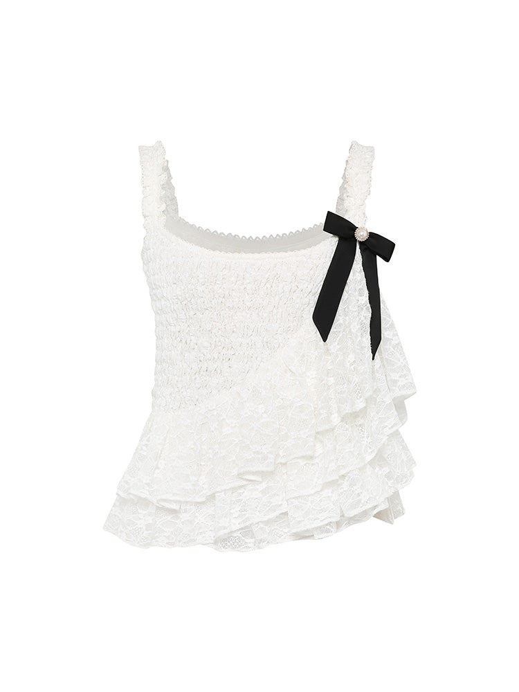 Lace Layered Ruffled Camisole Bow Accentuated Dress