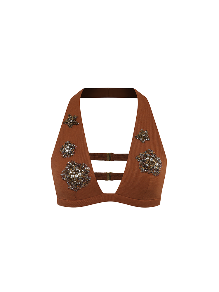 Caramel Hand Embroidery Backless Top