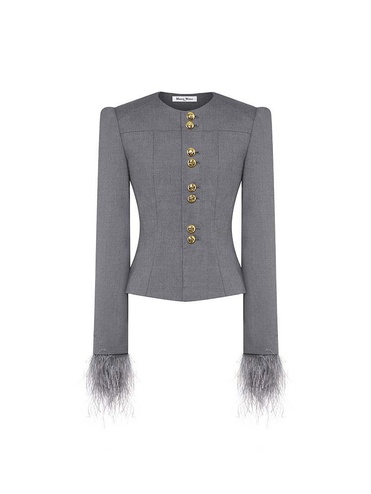 Ostrich Quill Blazer With Grey Cuffs