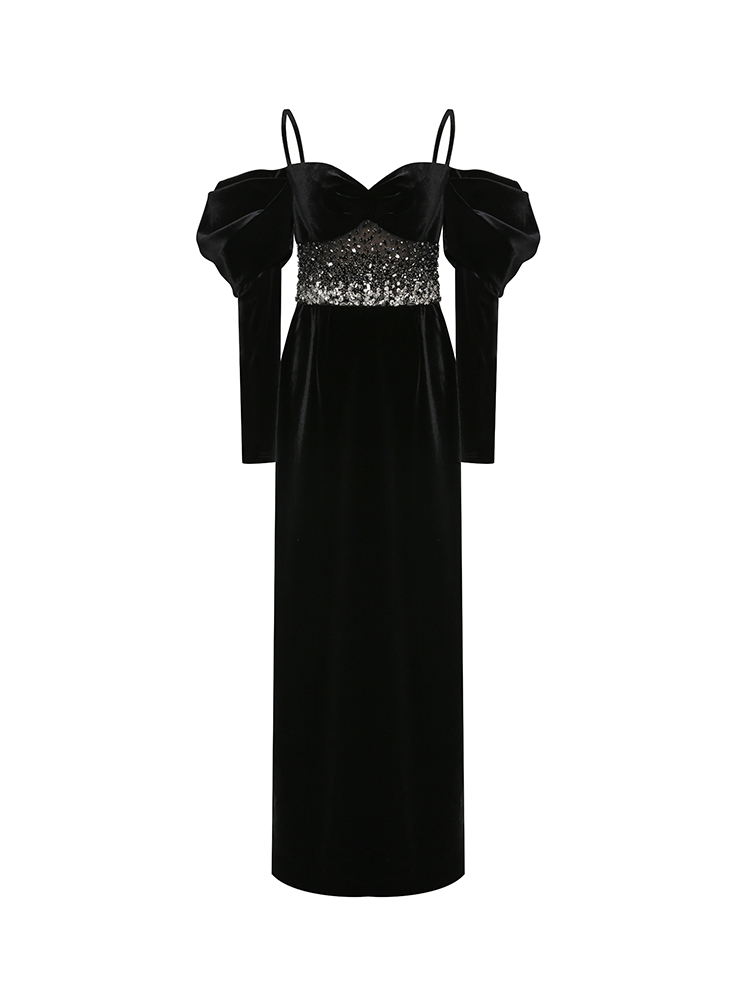 Black Velvet French Embroidered Gown Dress