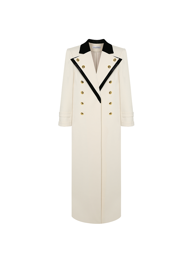 Beige with Black Velvet Collar Long Gold Button Coat