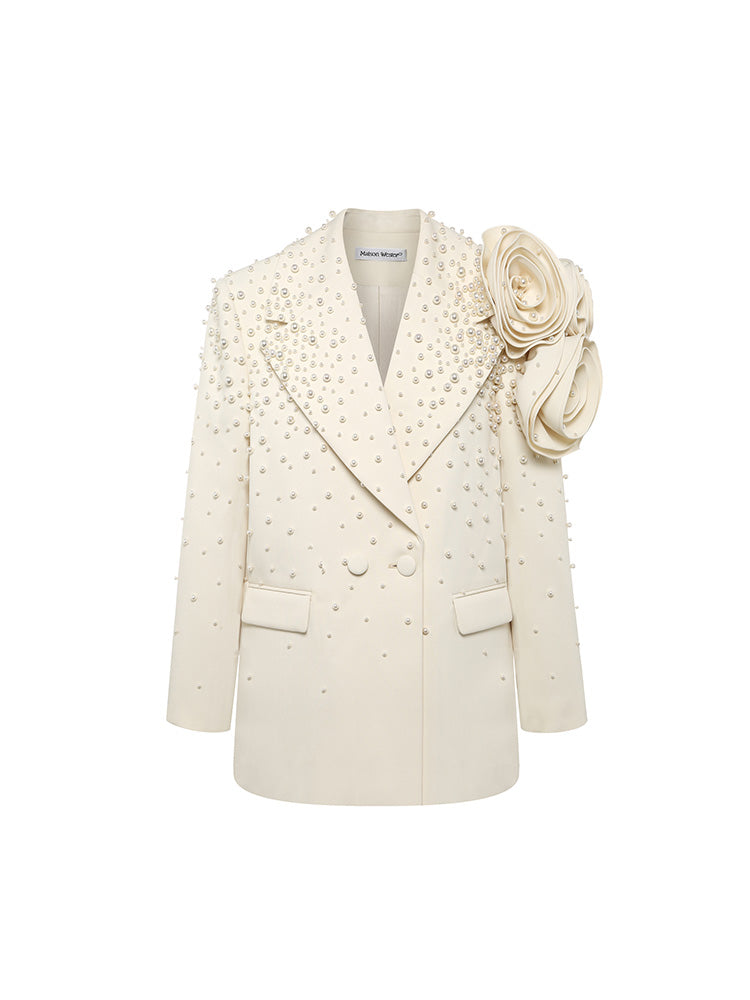 Handmade three-dimensional flower pearl blazer