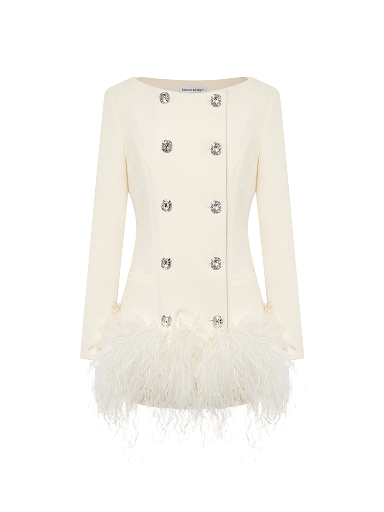 Dress with Double Row Rhinestone Buttons and Feather Hem