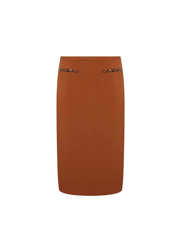 Caramel Hand Embroidery Pencil Skirt