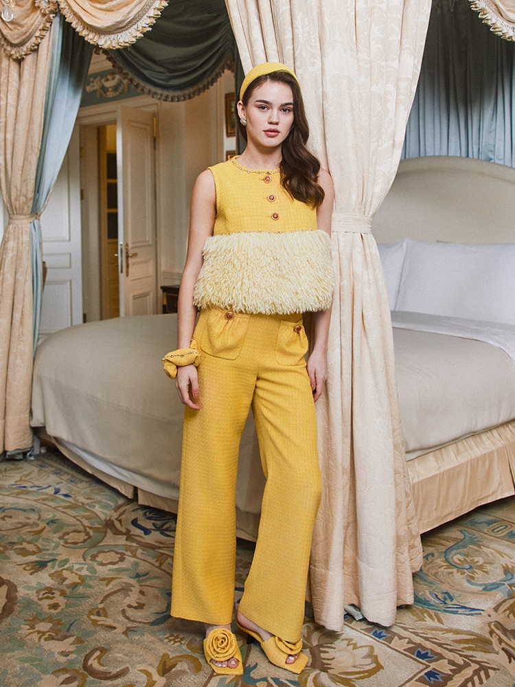 Yellow Tweed Straight Leg Pants