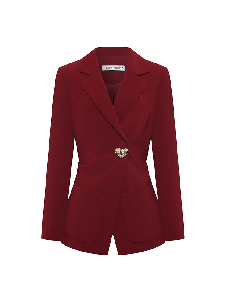 Burgundy Fitted Waist Blazer with Heart Shaped Buttons