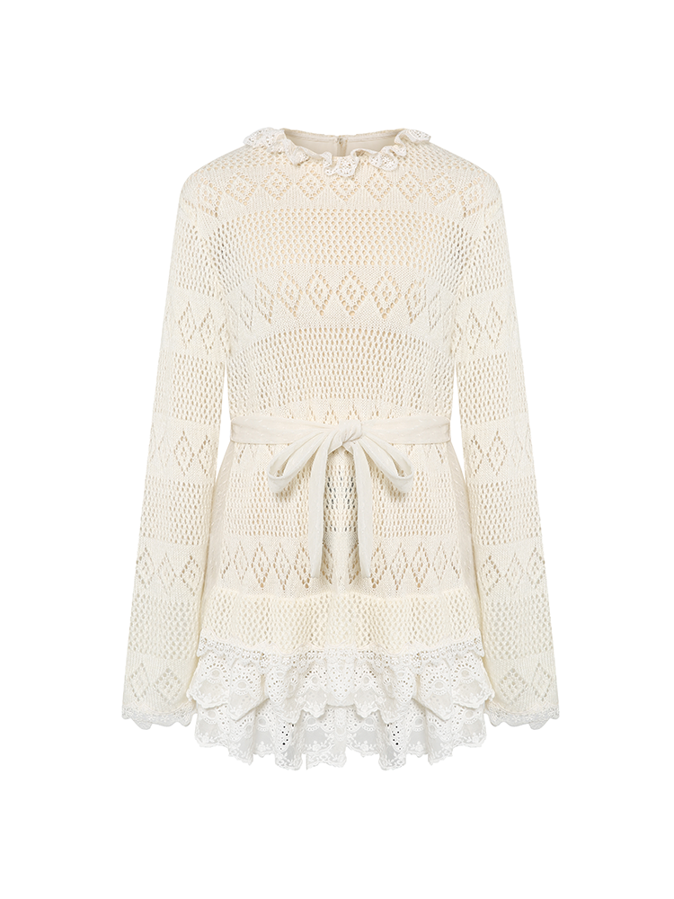 Apricot Cutout Lace Trim Tie Waist Knit Dress