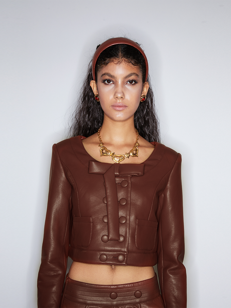 Caramel Brown PU Leather Round Collar Jacket