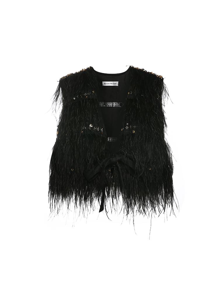 Black Ostrich Fur French Hand Embroidery Top