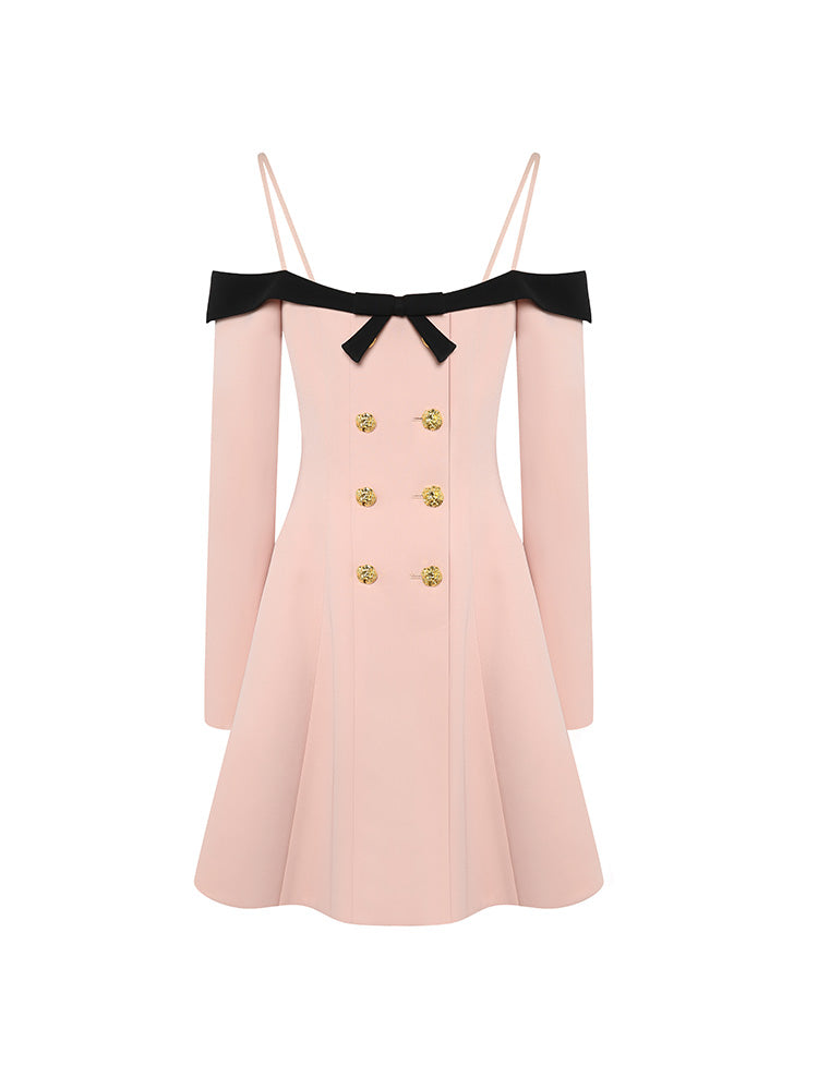 Pink And Black Color Block Bow Off-Shoulder Dress