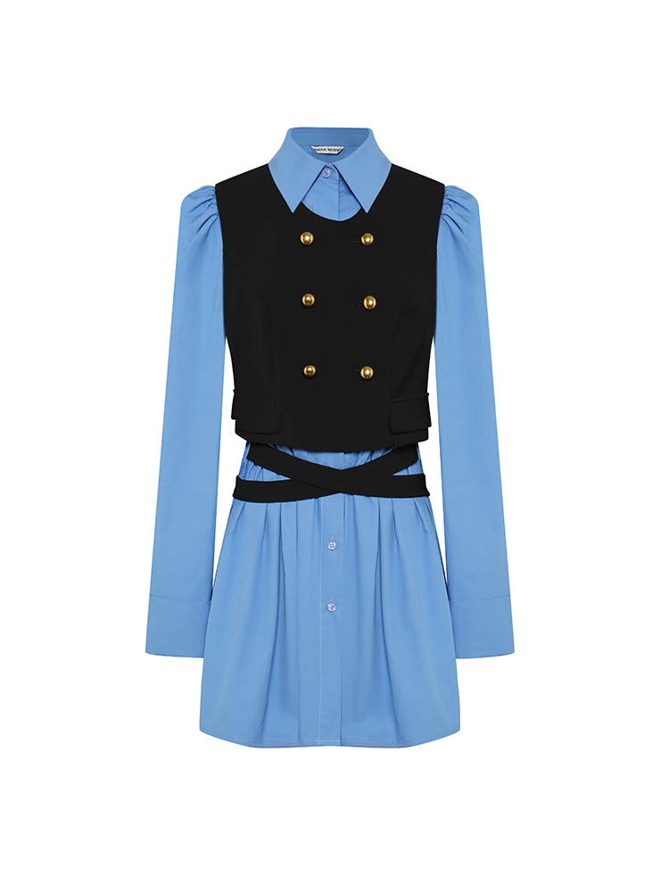 Blue Toned Gold Buttoned Waistcoat Shirt Dress