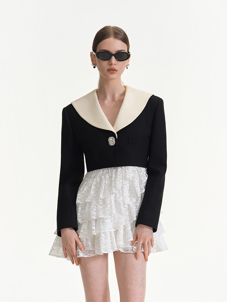 Black and White Naval Collar Cropped Jacket