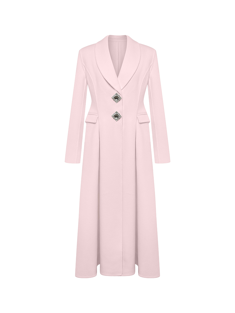 Soft Pink Diamond Button Wool Trench Coat with Tailored Collar