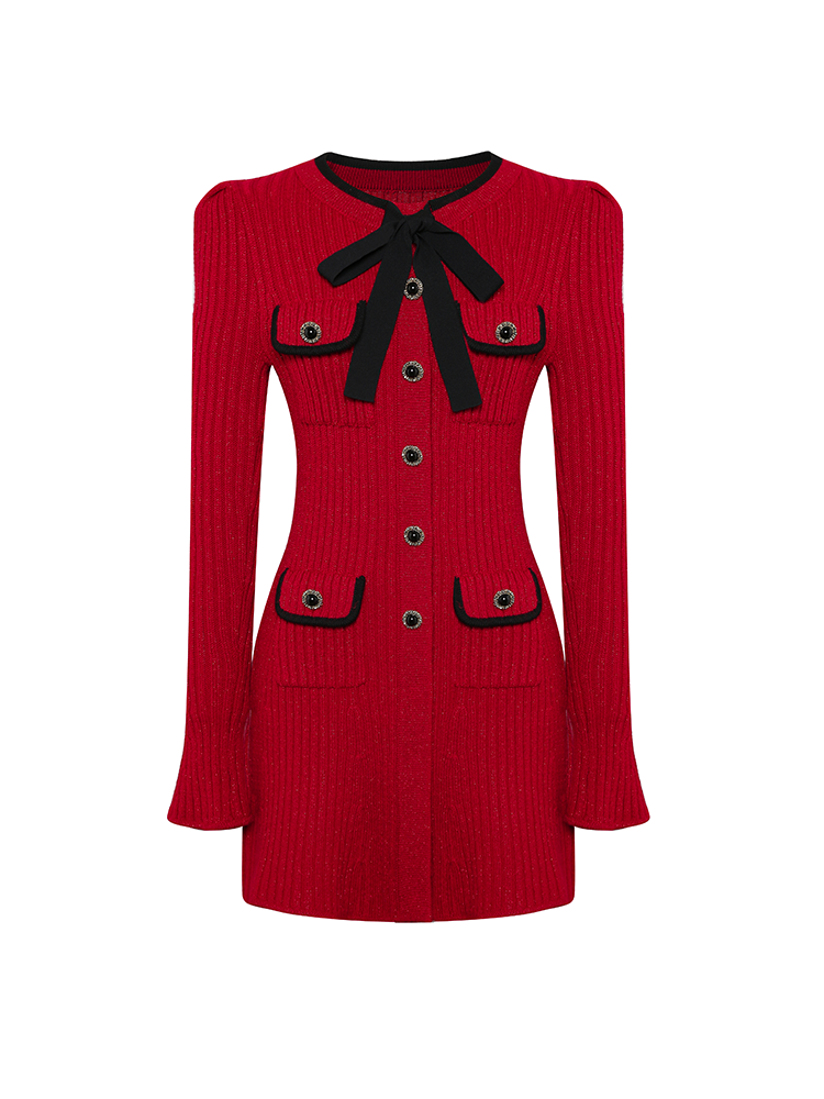 Red Knitted Slim Fit Dress with Black Streamers