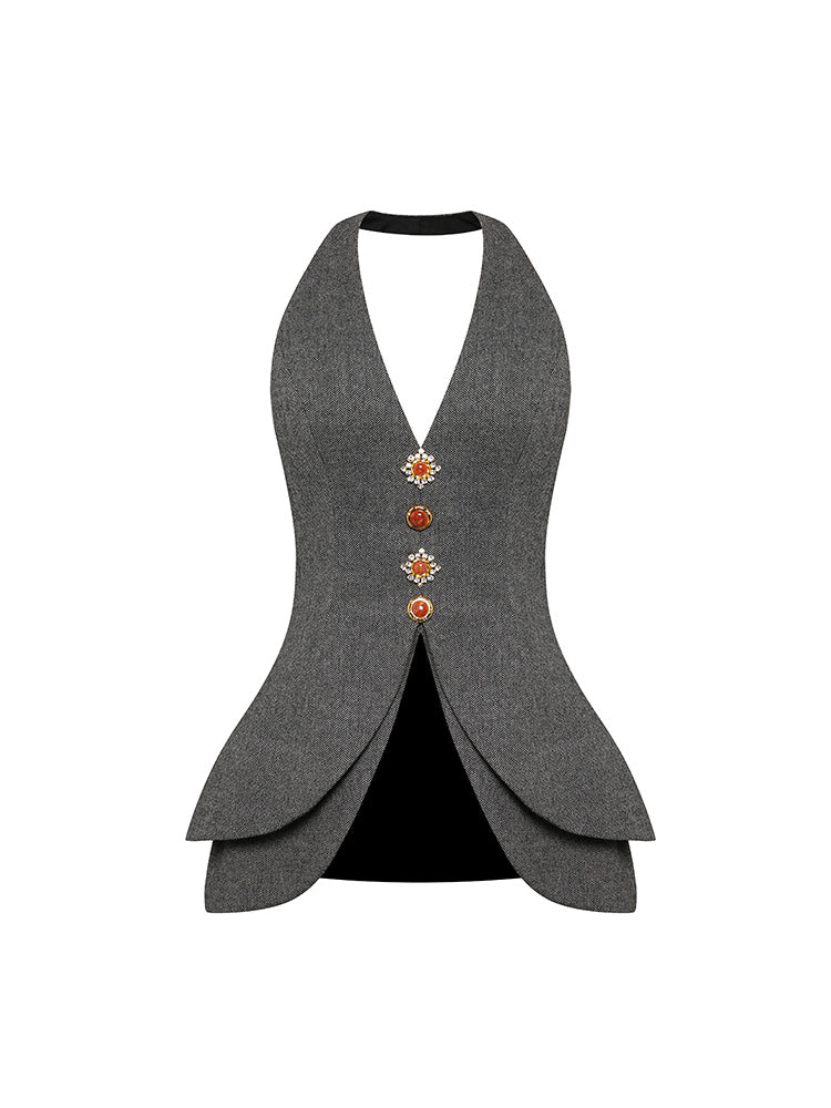 Gray Tweed Neckless Backless Top