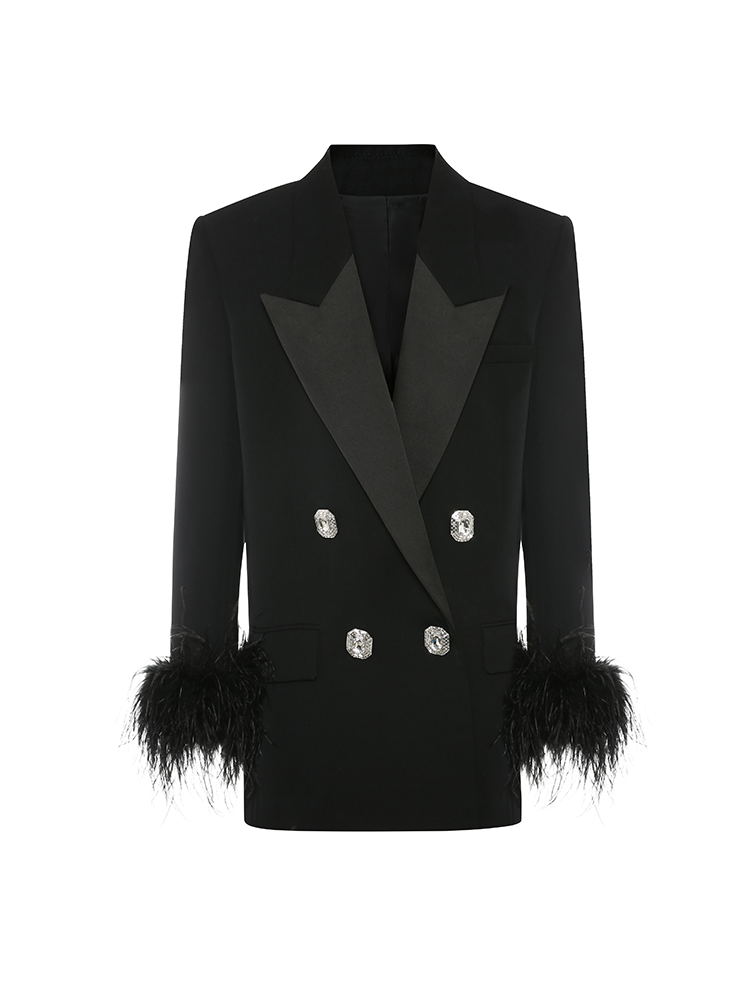 Black Feather Sleeve Satin Paneled Suit Jacket