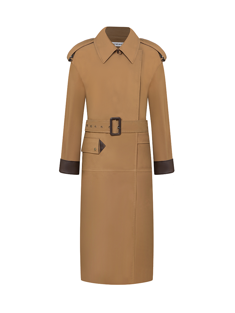 Coffee Color-Block Long Trench Coat