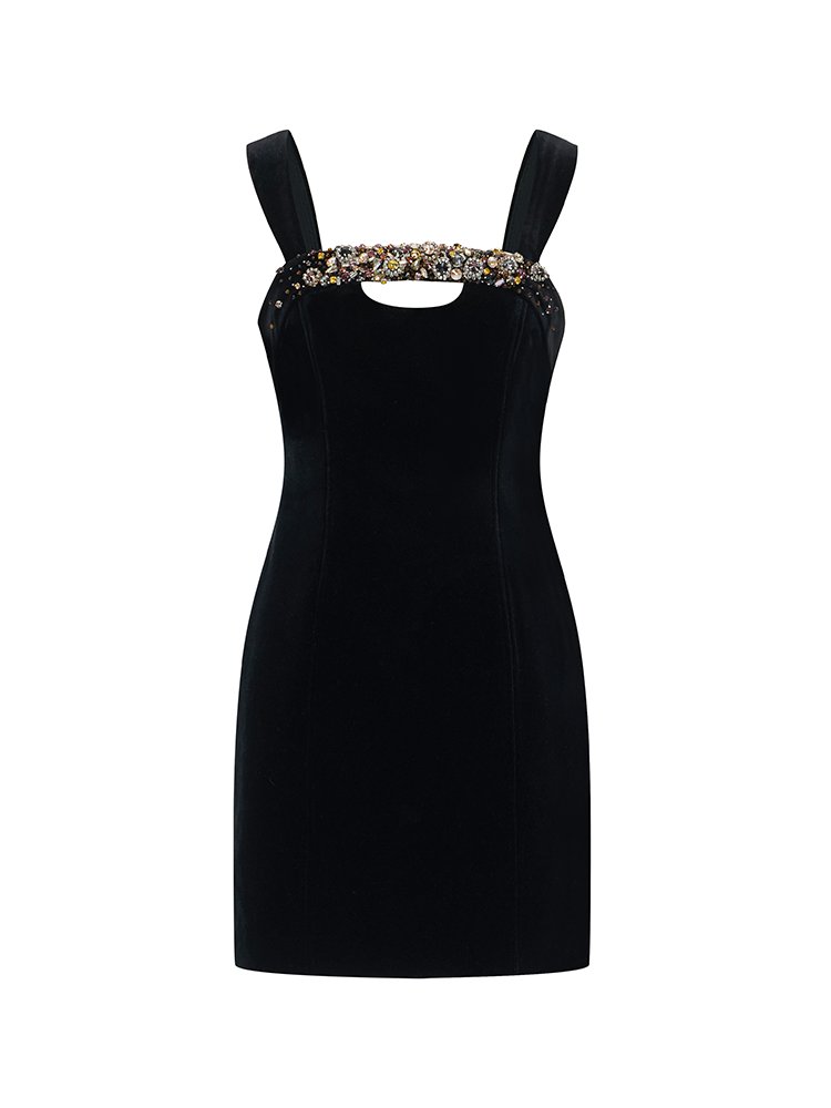 French Embroidered Dress in Black Velvet