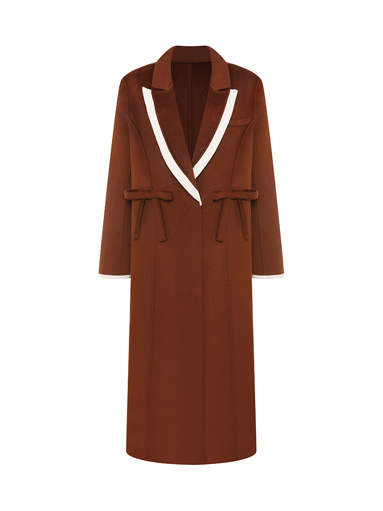 Color Blocked Bow Embellished Wool Blend Coat