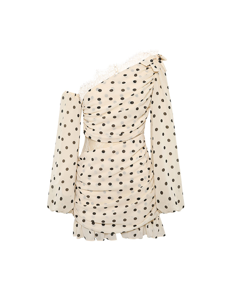 French Polka Dot Cut-Out Waist Ruffle Dress