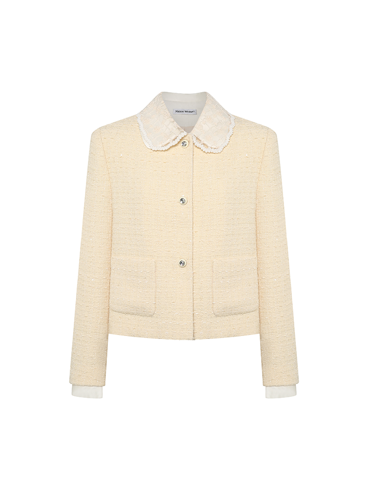 Cream Yellow Lace Collar Tweed Short Jacket