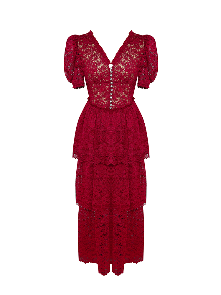 Red Lace Puff Sleeve Multi Layer Dress