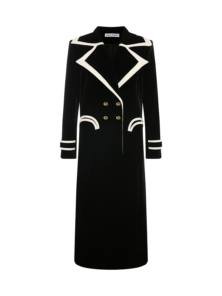 Velvet Color Blocked Lapel Long Coat