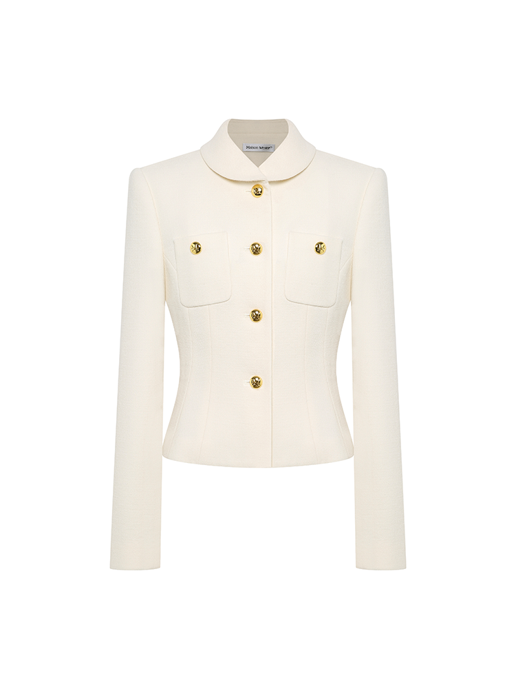 White Crew Neck Coat with Gold Buttons