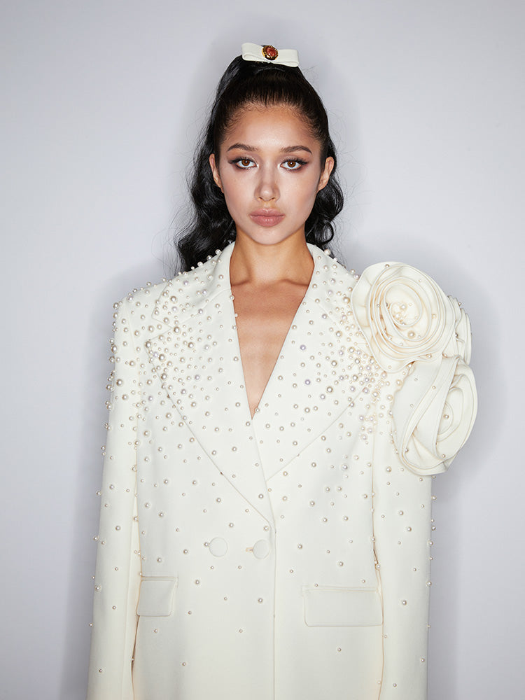 Handmade three-dimensional flower pearl blazer