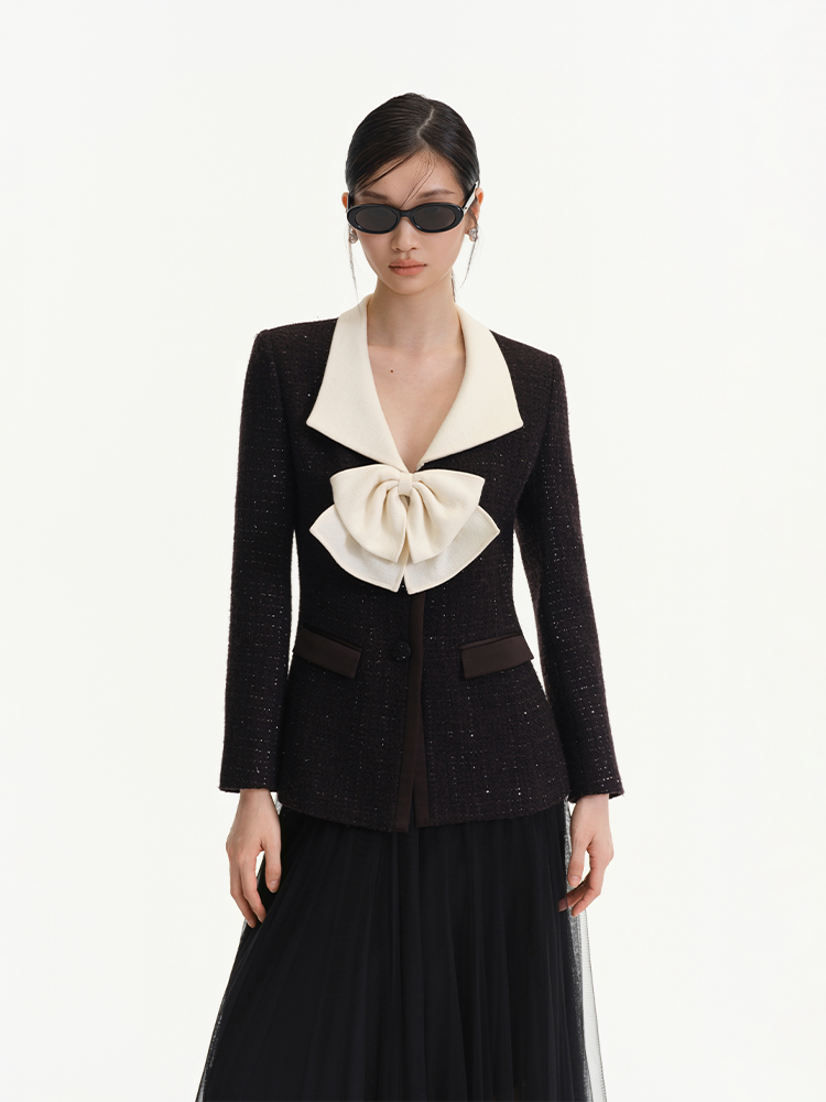 Sweet Color Block Tweed Bow Accentuated Blazer