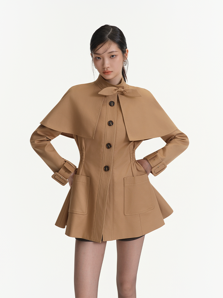 Khaki Cape Style Waist Cinched Trench Coat