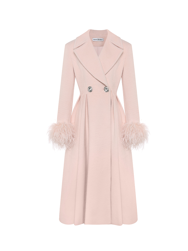 Wool Blend Coat with Feather Embellishments on Cuffs