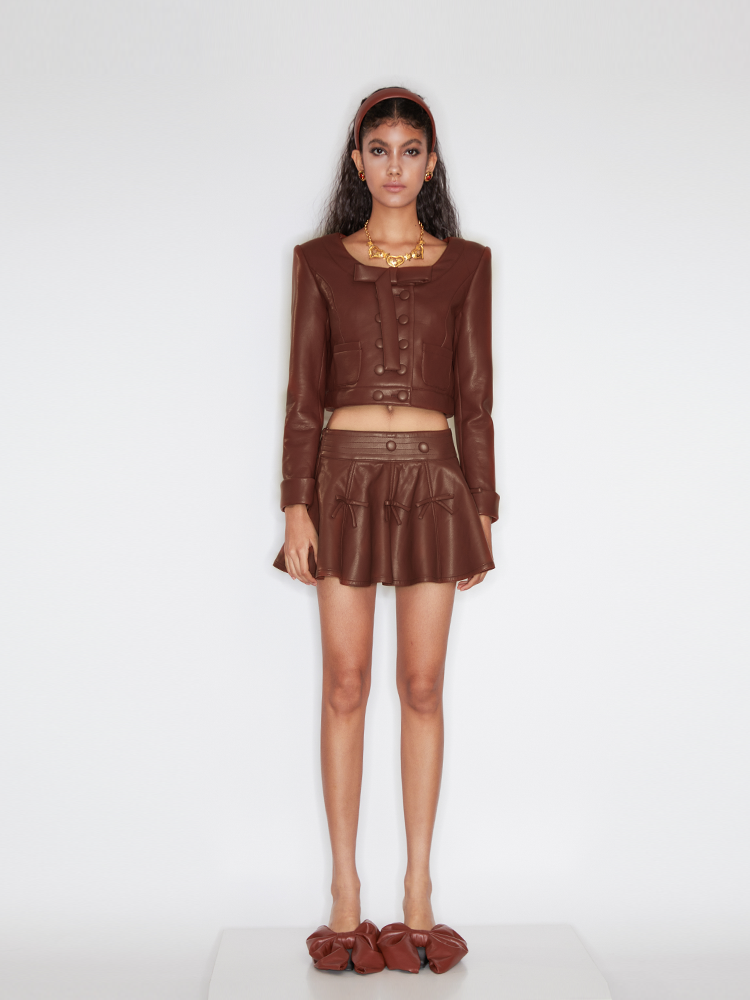 Caramel PU Leather Bowknot Skirt