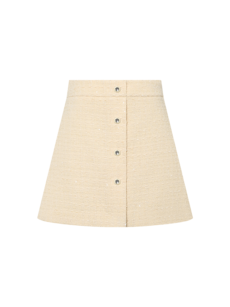 Cream Yellow Tweed A-Line Midi Skirt